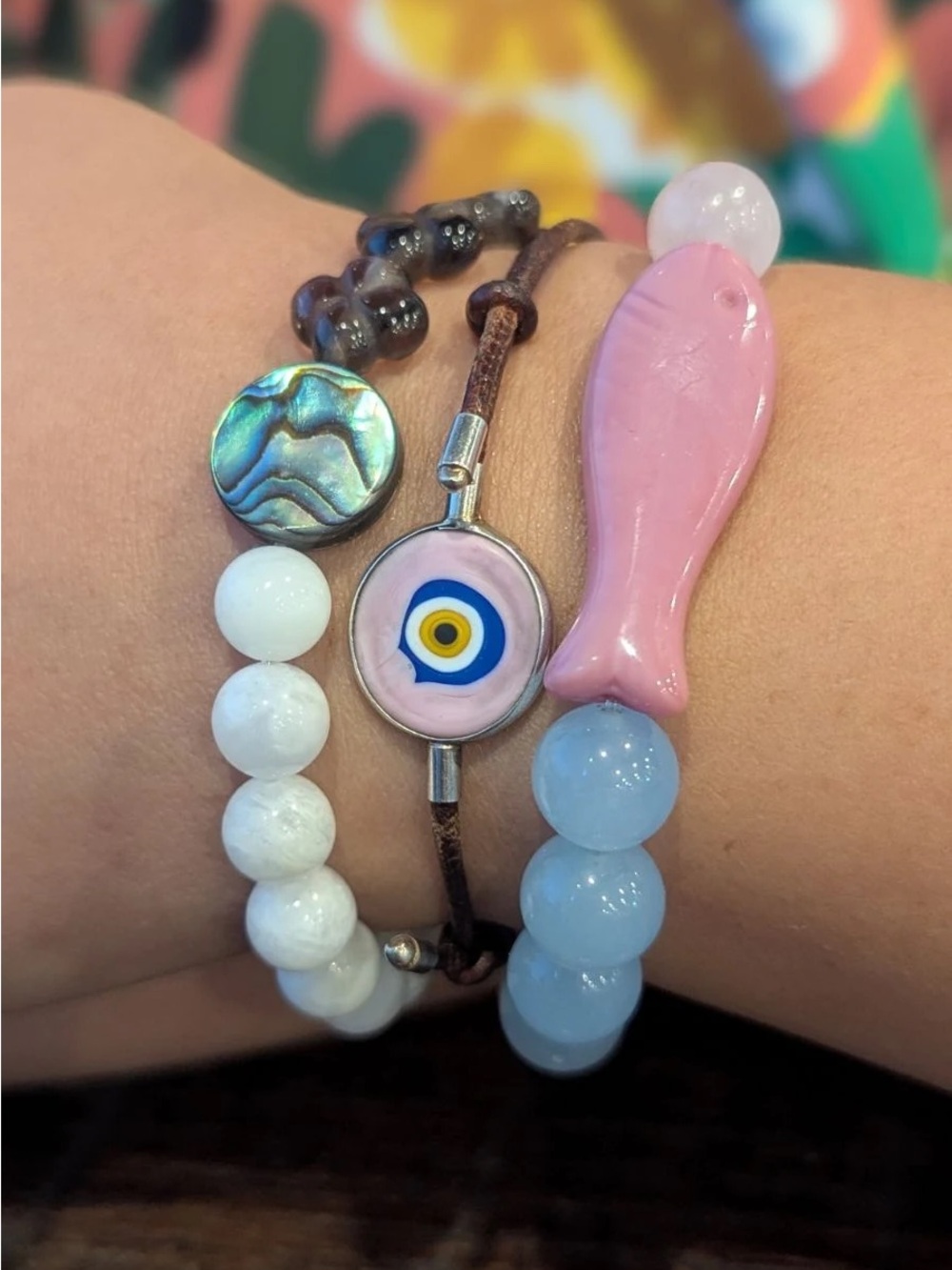 NEW Handmade moonstone abalone shell Smoky quartz gemstone beaded bracelet